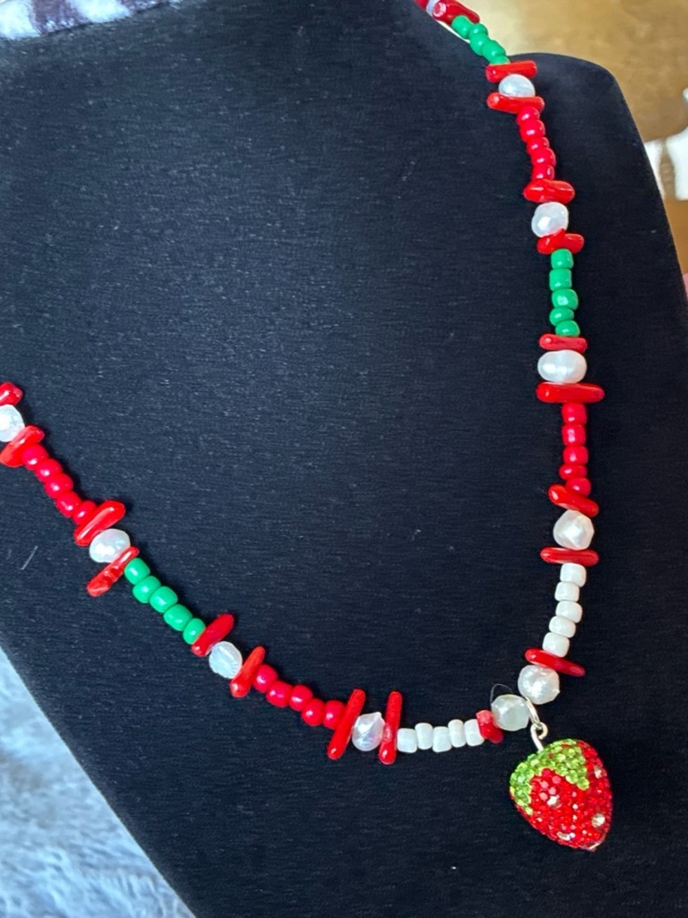 Handcrafted Red & Green Strawberry Charm Beaded Necklace
